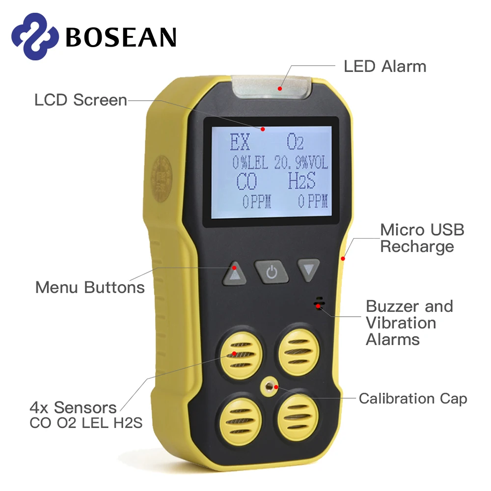 Bosean Multi Gas Detector Gas Meter O2 H2S CO LEL 4 in 1 Oxygen Hydrogen Sulfide Carbon Monoxide Combustible Gas Leak Detector - Image 2