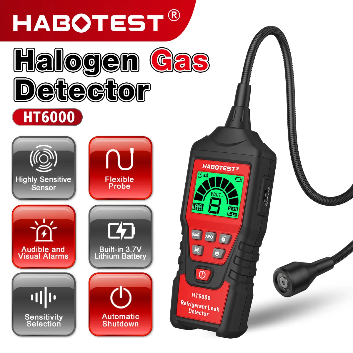 HABOTEST HT6000 Halogen Gas Leak Detector Sound & Screen Alarm High-Sensitivity Gas Sensor Gas Leak Detector Location Determine