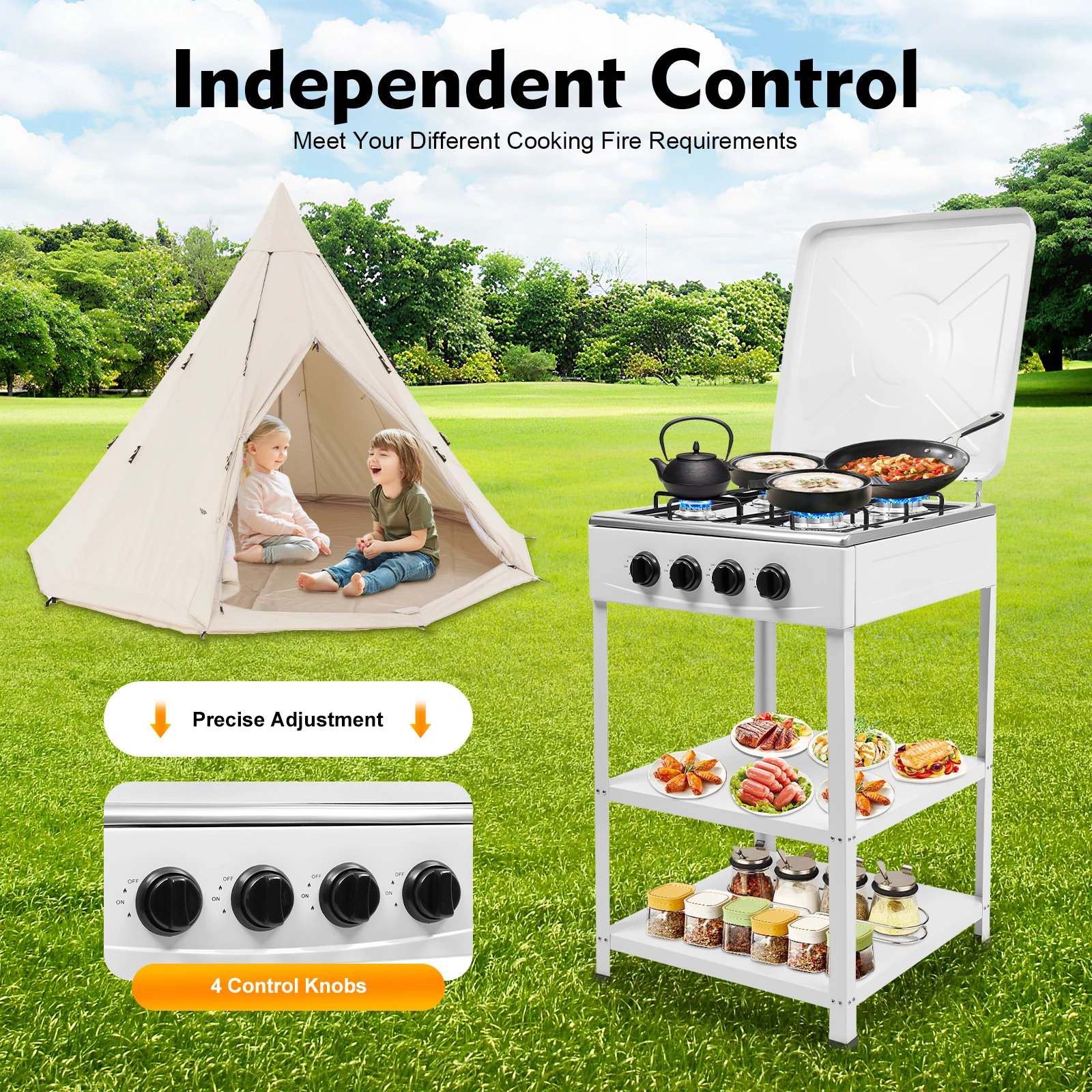 4 Burner Gas Stove Portable Outdoor Stove W/ Wind Blocking Cover Ng/Lpg Gas Stove White with 2 Storage Shelves 19.3*19.3*31.1in - Image 2