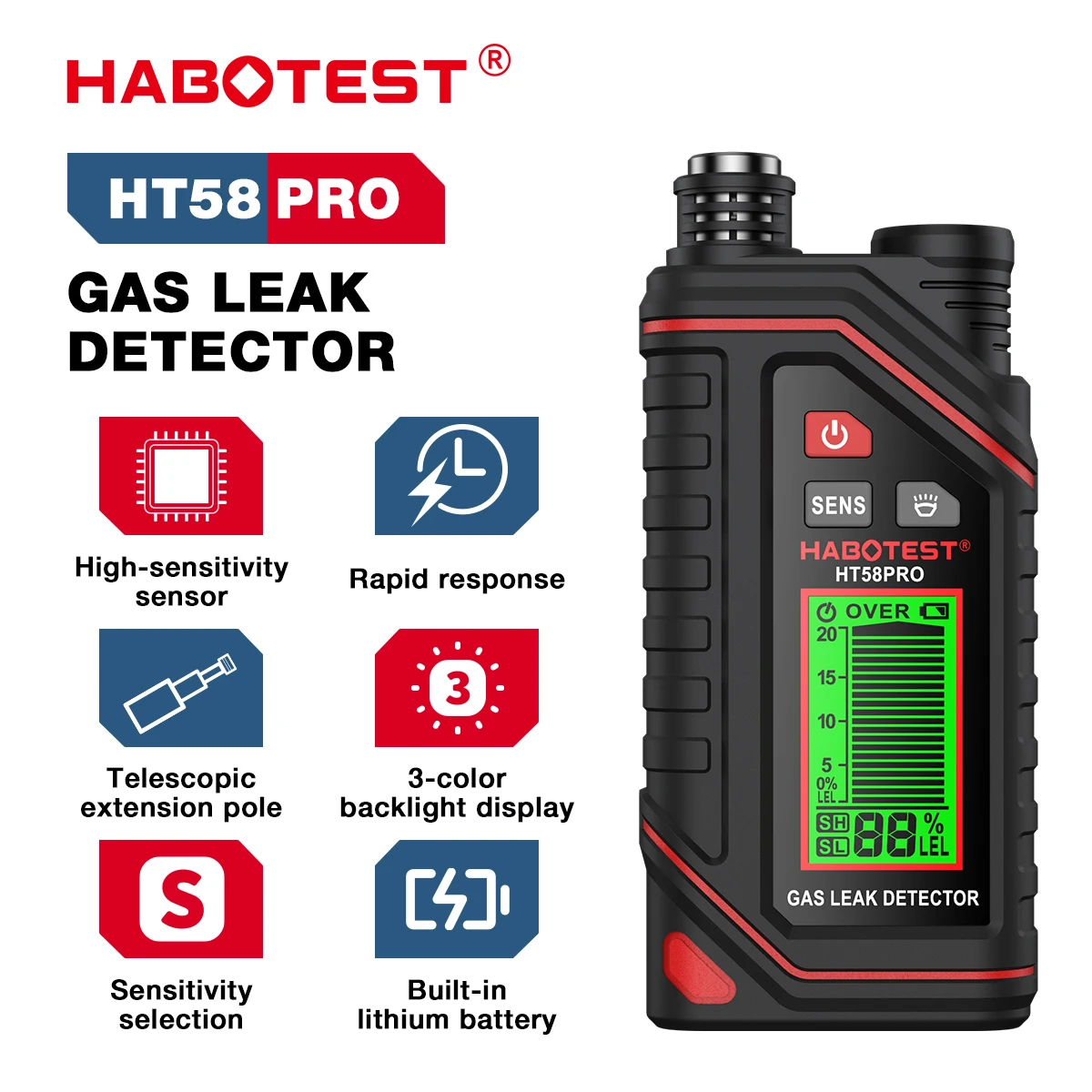HABOTEST HT58PRO Gas Leak Detector Gas High Precision Gas Sensor Sensitive Sensor Portable Combustible Gas Detector