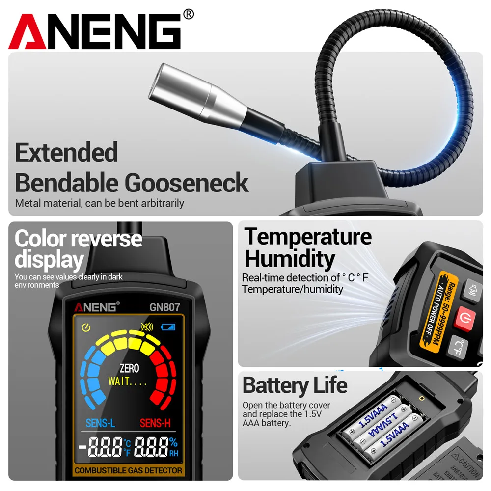 Gas Leak Detector Combustible 50~10000PPM Methane Detection Detector Co2 Alcohol LPG Methane Digital Tester Tools ANENG GN807 - Image 2