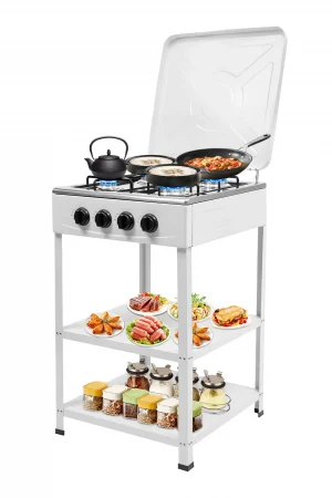 4 Burner Gas Stove Portable Outdoor Stove W/ Wind Blocking Cover Ng/Lpg Gas Stove White with 2 Storage Shelves 19.3*19.3*31.1in