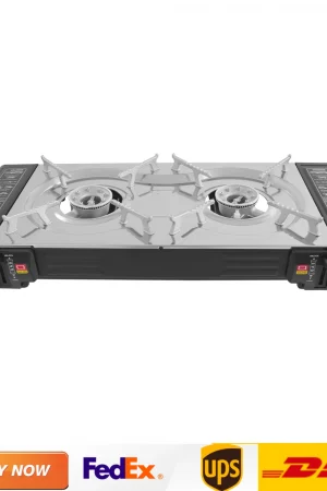 2-Burner Family Camping Gas Stove with Grill Pan| BBQ Grills Butane Stovetop with Regulator for Outdoor Cooking Cookware