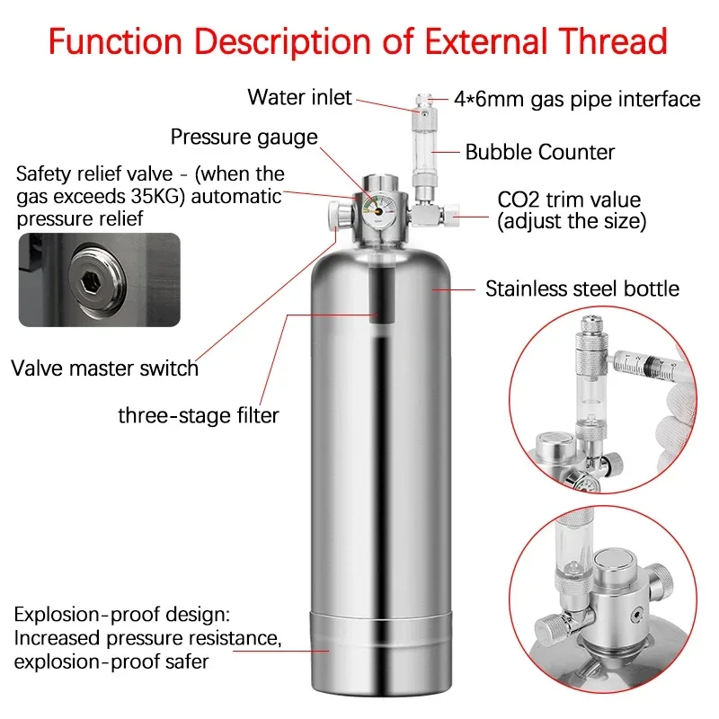 1L/2L Aquarium CO2 Generator System Kit Fish Tank Aquatic Plant Carbon Dioxide Reactor System External Thread Steel Cylinder - Image 2