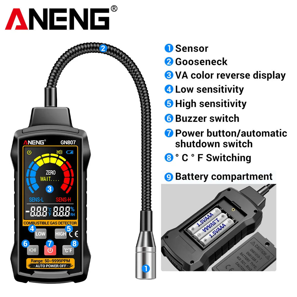 Gas Leak Detector Combustible 50~10000PPM Methane Detection Detector Co2 Alcohol LPG Methane Digital Tester Tools ANENG GN807 - Image 4