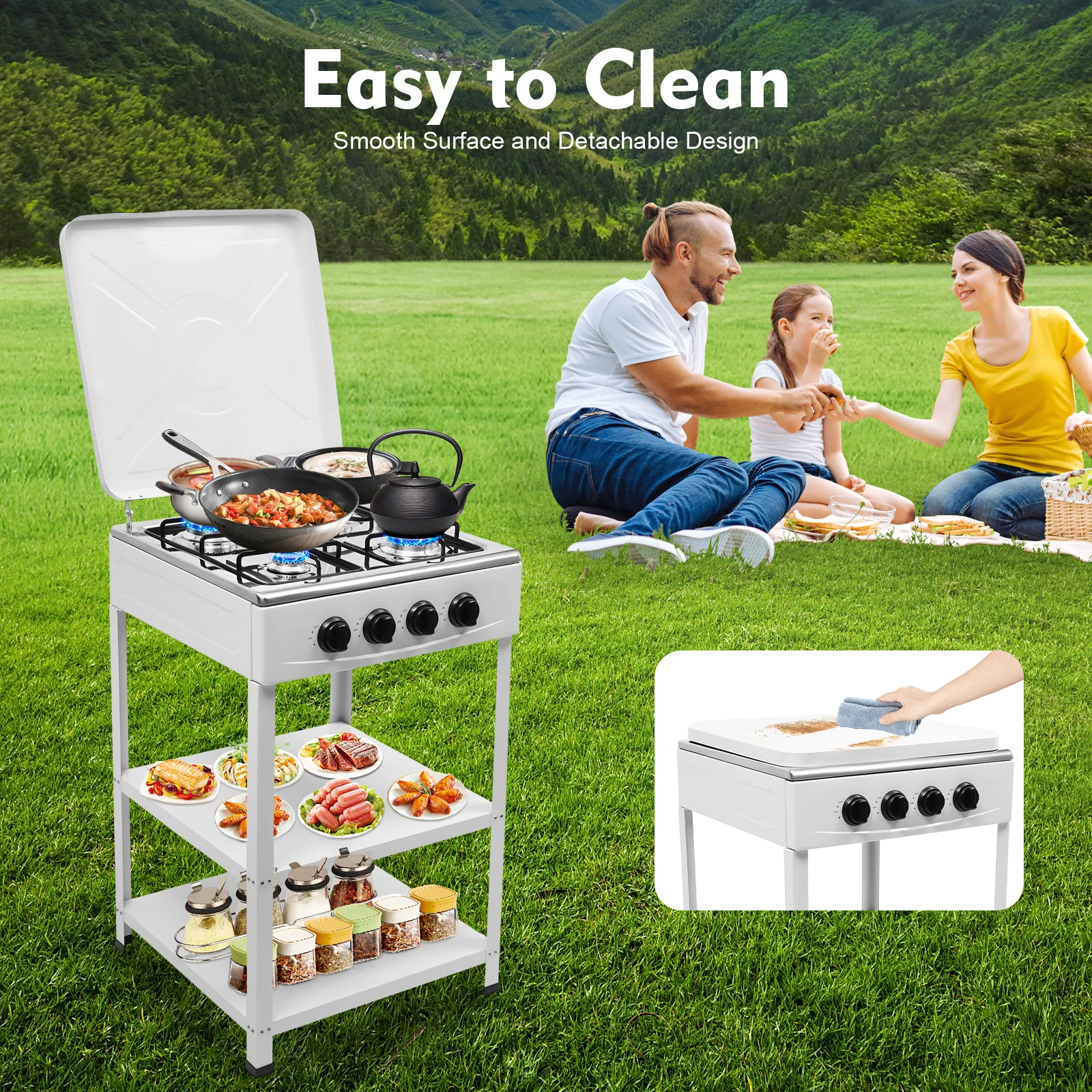 4 Burner Gas Stove Portable Outdoor Stove W/ Wind Blocking Cover Ng/Lpg Gas Stove White with 2 Storage Shelves 19.3*19.3*31.1in - Image 4
